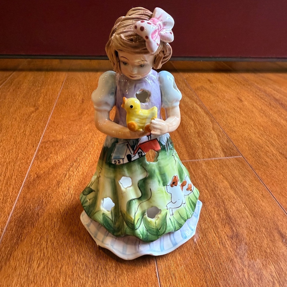 Vintage Porcelain Candle Holder Figurine Little Girl Duck Dog Painted Room Decor